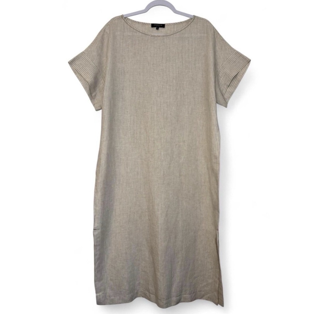 Lafayette 148 NY Textured Shift Dress XL Beige Linen Midi Minimalist Lagenlook